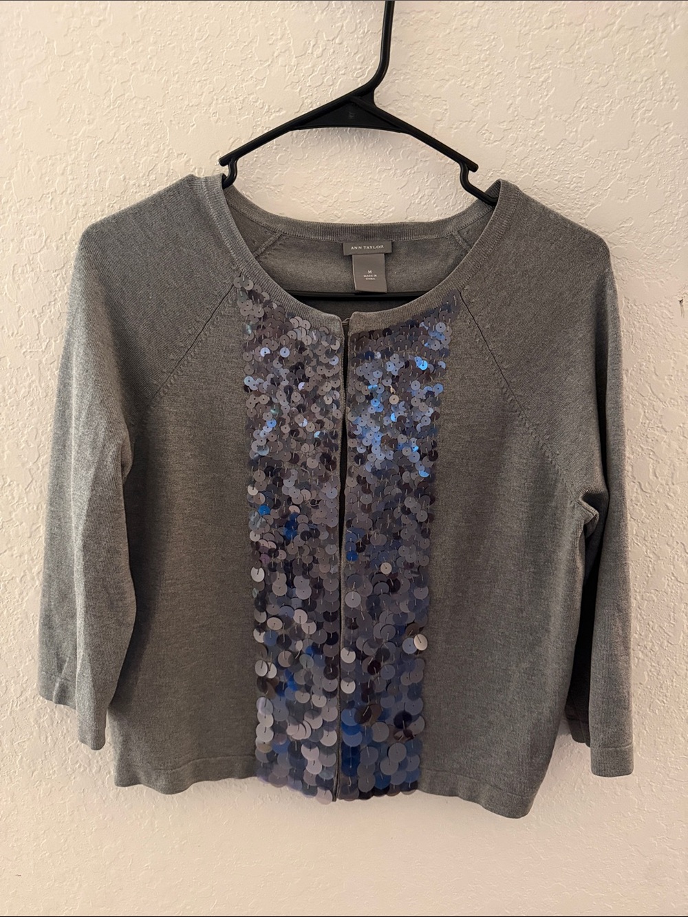 Ann Taylor Gray Sequin-Trim Knit Cardigan